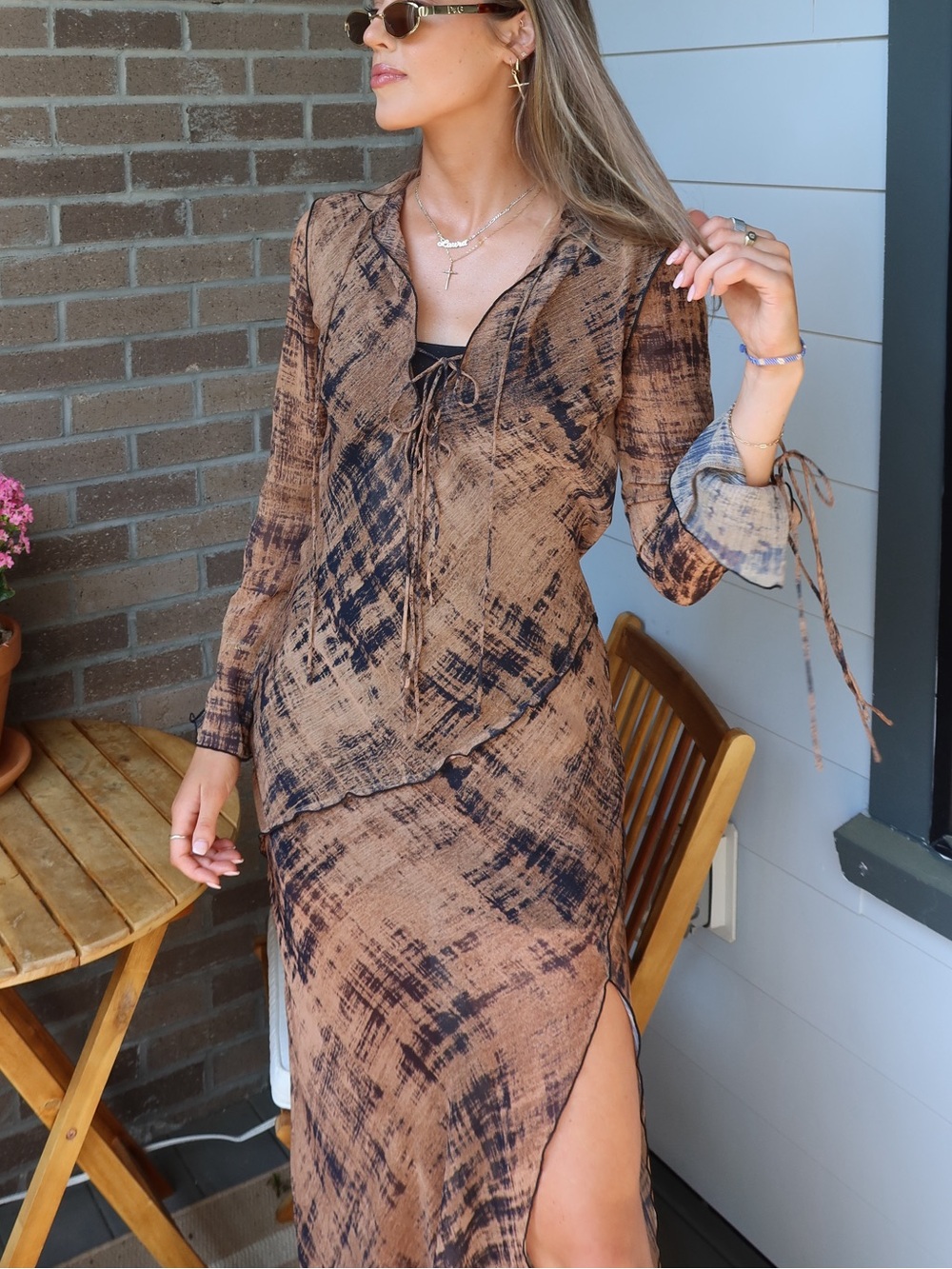 Mango Brown Printed Long-Sleeve Tie-Front Maxi Dress